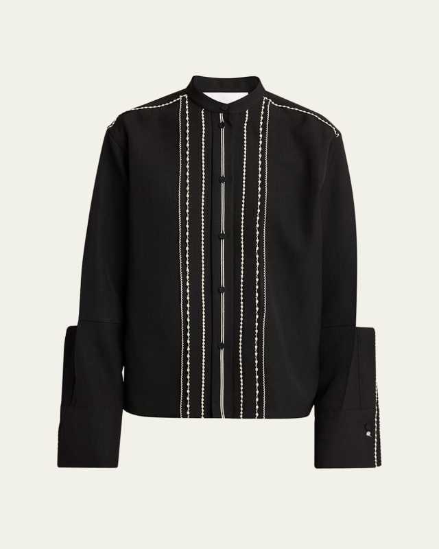Embroidered Trim Button Down Blouse